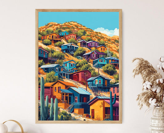 Affiche Bisbee – Illustration colorée des maisons et art de rue en Arizona