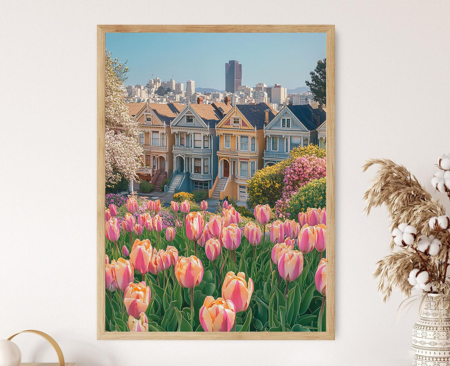 Affiche San Francisco – Imprimé des Painted Ladies avec tulipes de printemps