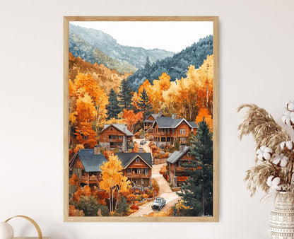 Affiche de Cabane en Montagne à Gatlinburg – Illustration Automnale de Tennessee