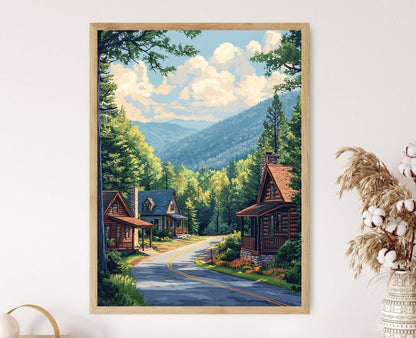 Affiche Artisanale d'Asheville – Impression de Cabane en Montagne d'Automne