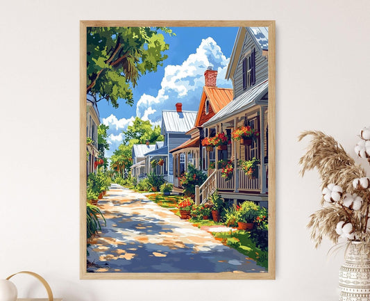 Affiche Cottages Colorés à Mount Dora – Illustration de Ville Lacustre