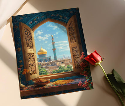 Affiche Fenêtre en Bois de Mashhad – Poster Vue du Sanctuaire Imam Reza