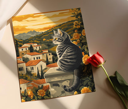 Affiche Chat Zahle – Illustration de collines et vignobles au coucher du soleil