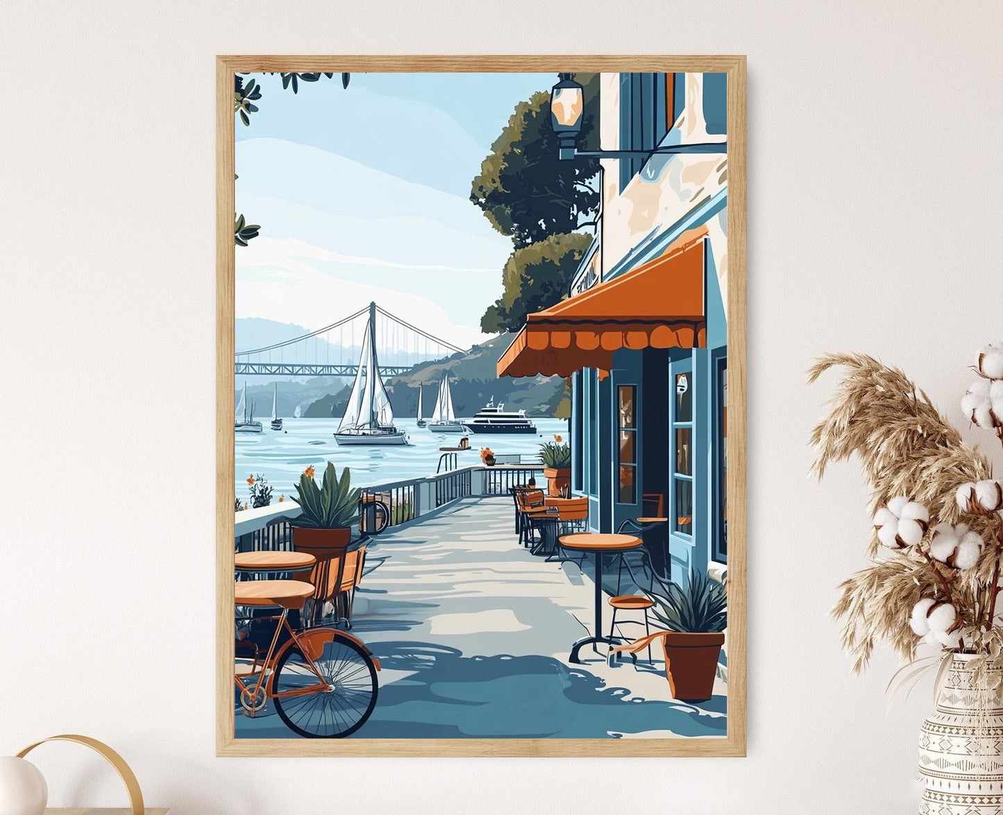 Affiche Kiosque Espresso Sausalito – Poster Illustration Café côtier