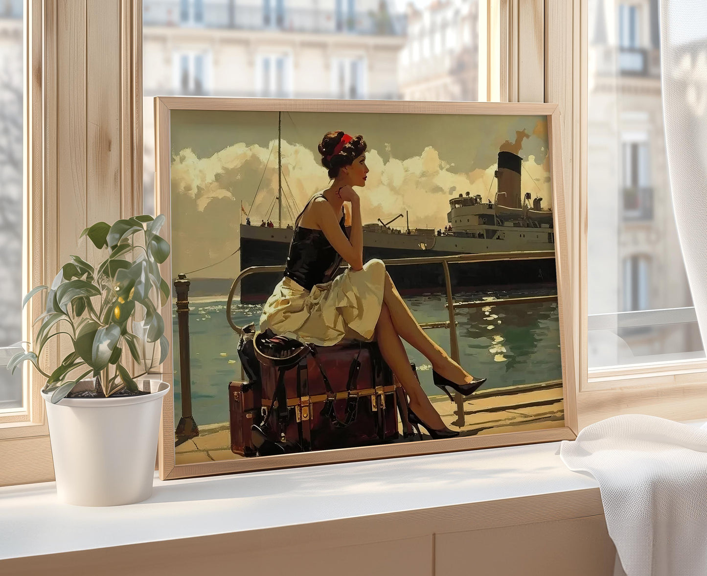 Affiche Romance Vintage – Femme contemplant l'horizon au port
