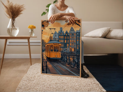 Affiche Amsterdam Canaux – Poster Art Déco Tramway Historique