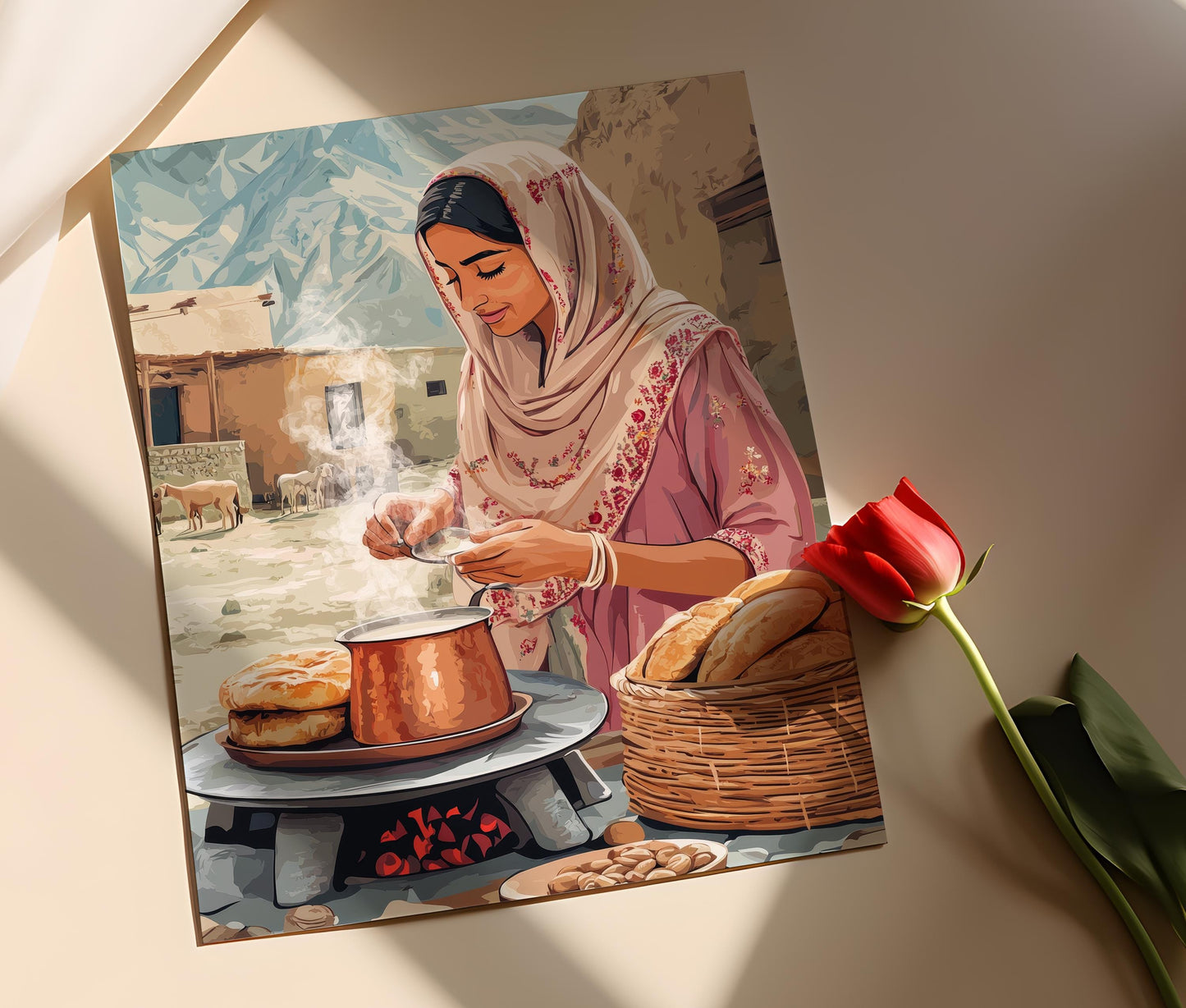 Affiche Femme Afghane – Impression Art de Chai dans une Cuisine Traditionnelle