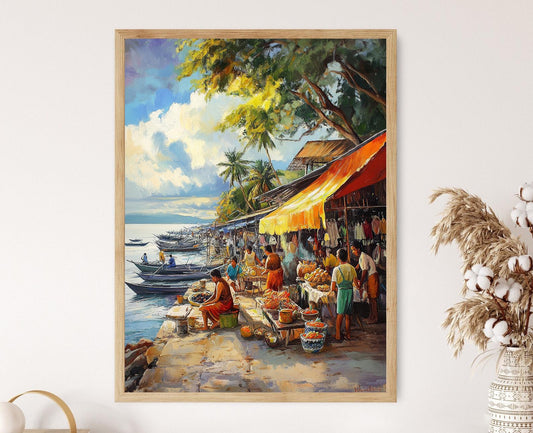 Affiche Cebu – Poster Marché Filippin, Fruits de Mer et Textiles Natifs