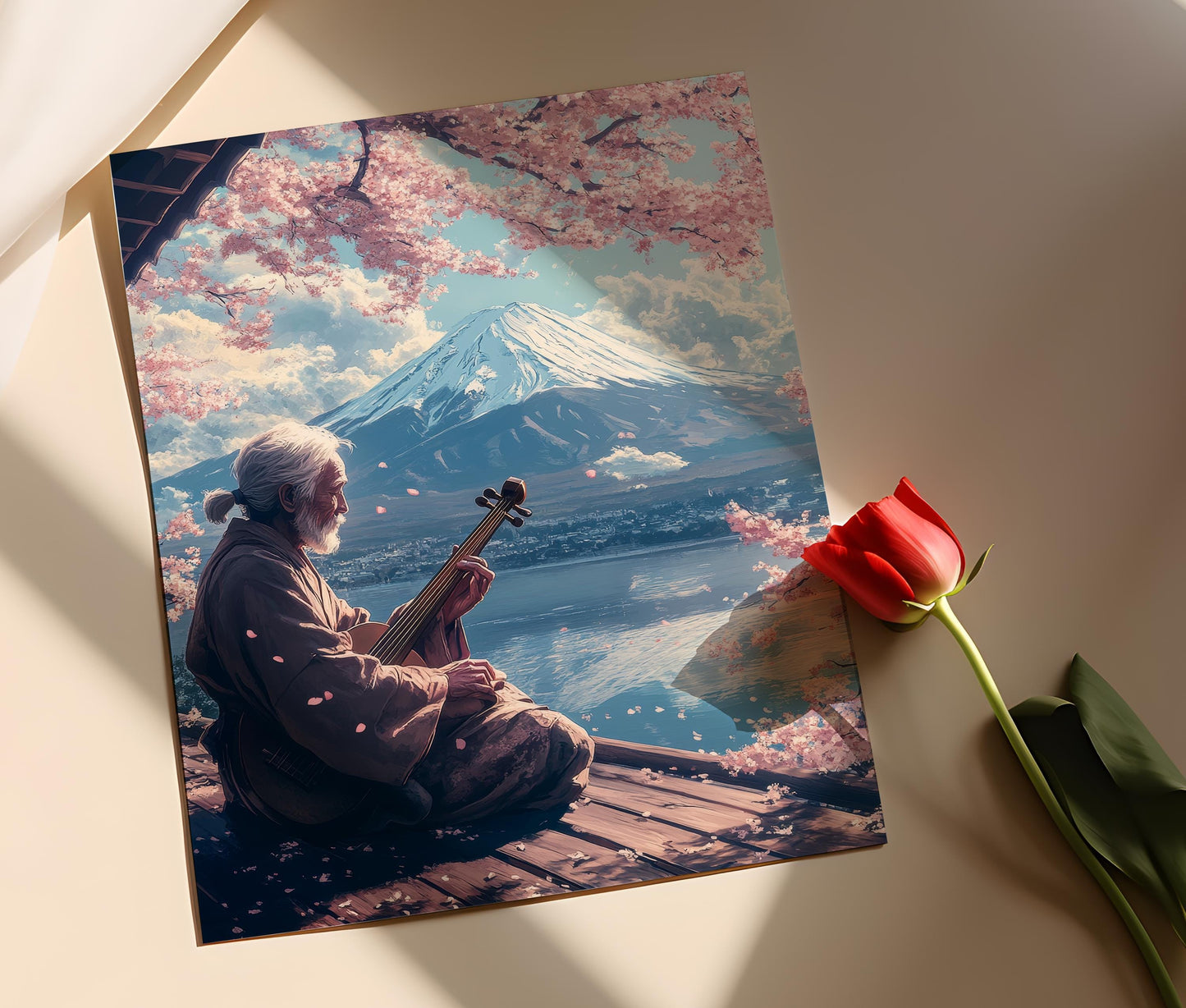 Affiche Art Biwa : Paysage de Mont Fuji et Cerisiers en Fleurs