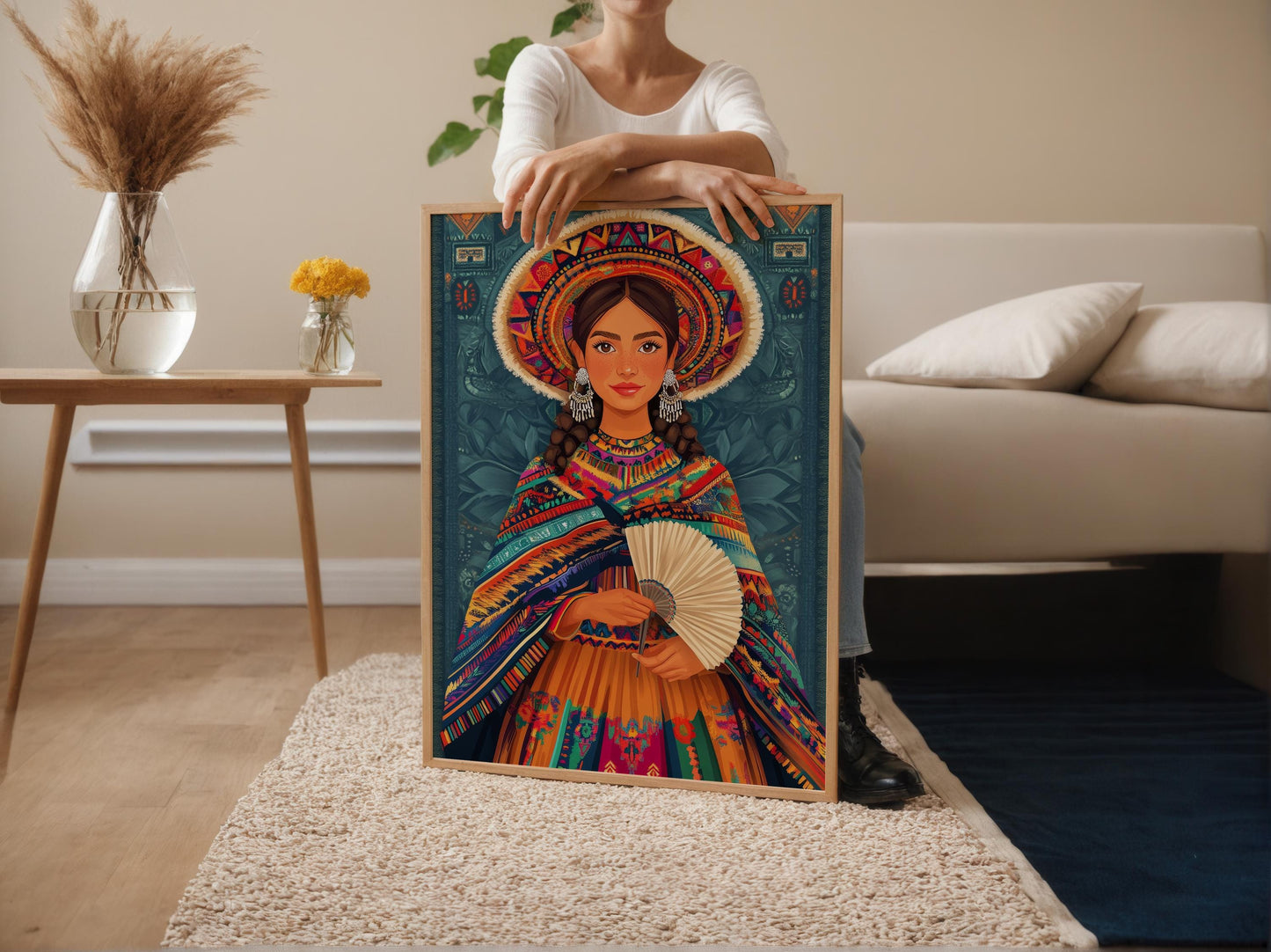 Affiche Femme Péruvienne – Poster Illustration avec Éventail Andin et Textiles Traditionnels