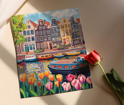 Affiche Amsterdam – Poster illustration colorée de bateaux sur canal néerlandais