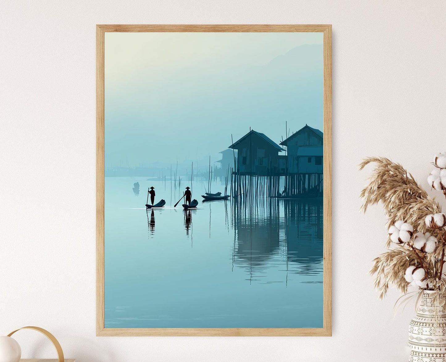 Affiche Inle Lake – Poster Scène de Maison de Pêche avec Brouillard