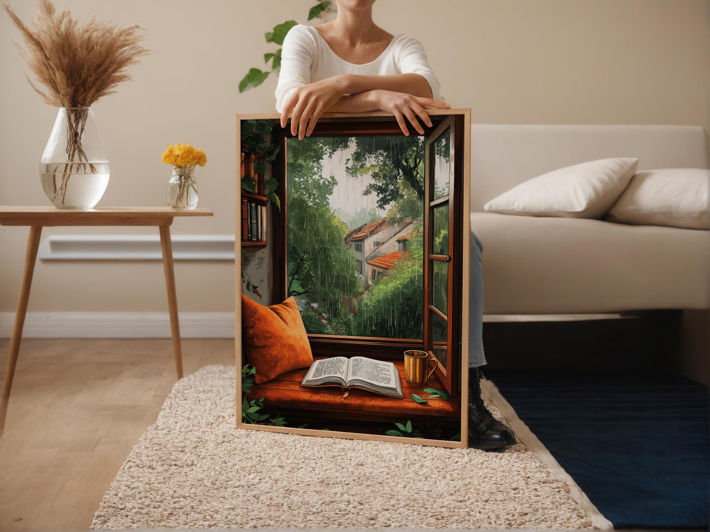 Affiche Bangalore Monsoon – Art Print Fenêtre Pluvieuse, Café & Livres