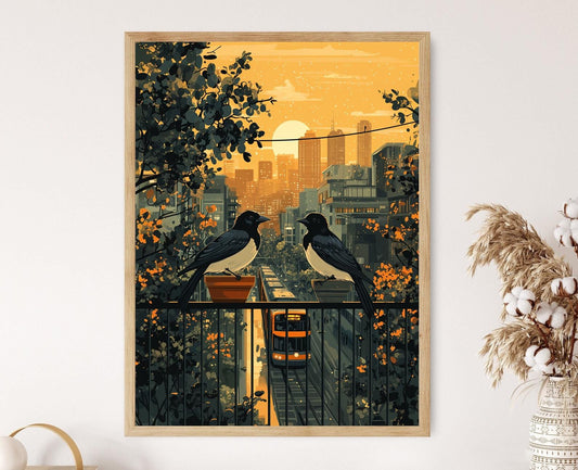 Affiche Melbourne Magpies – Imprimé d'oiseau australien en balcon urbain