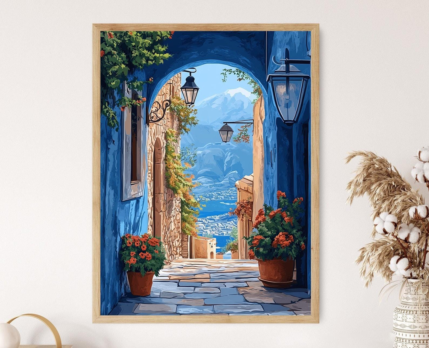 Affiche Allée Bleue Safed – Illustration Art Déco de Porte en Pierre