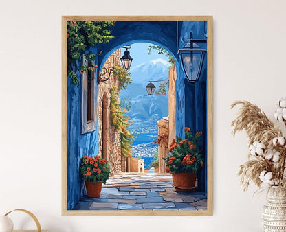Affiche Allée Bleue Safed – Illustration Art Déco de Porte en Pierre