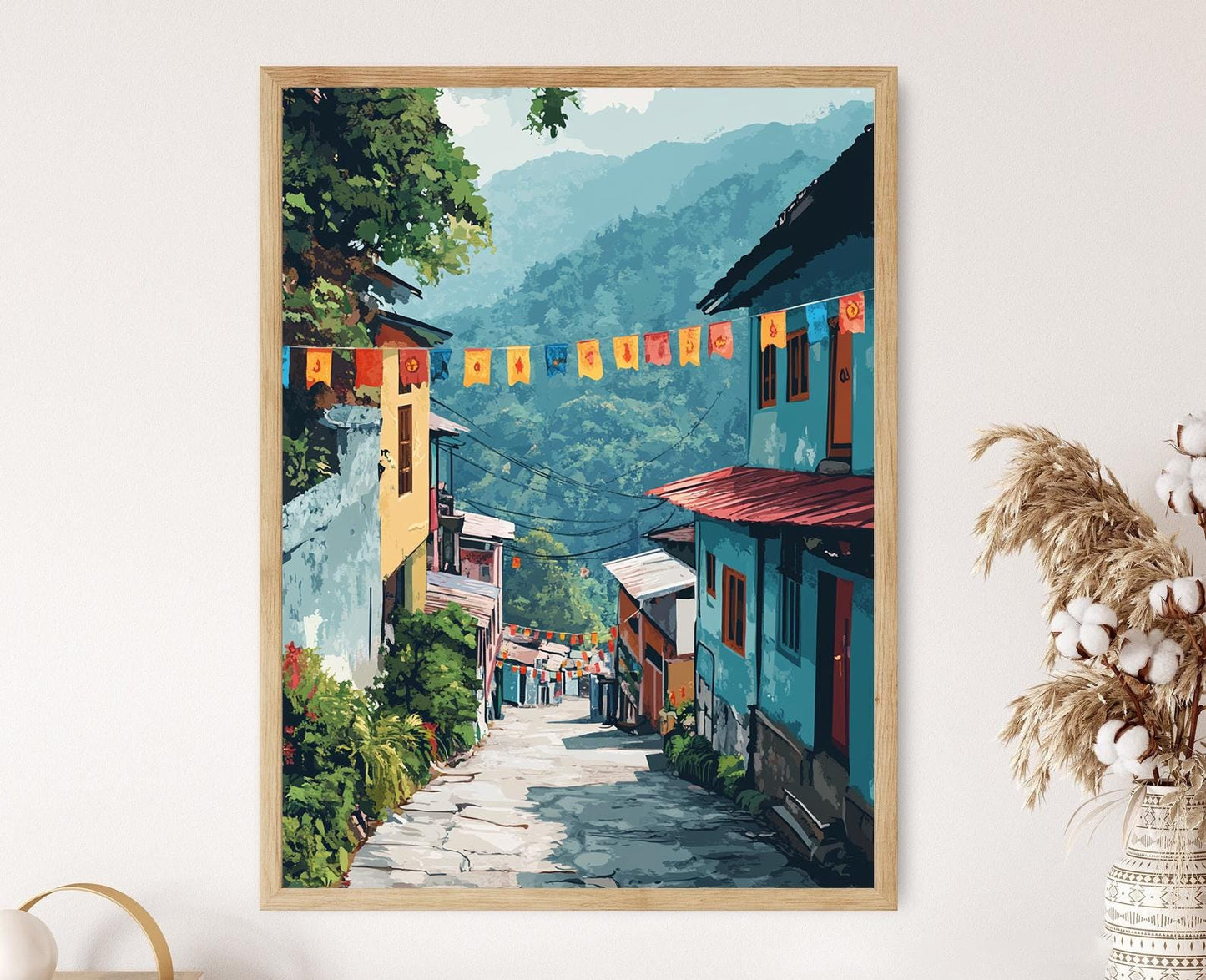 Affiche Gangtok Sikkim – Poster Montagne Indienne avec Drapeaux de Prière