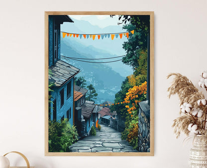Affiche de l'Allée de Darjeeling – Poster Village Himalayen avec Draps de Prière