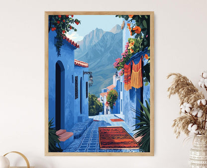 Affiche Chefchaouen – Illustration de village marocain avec vue montagne