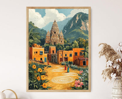 Affiche Art de Village du Tamil Nadu – Gopurams et Dessins de Kolam