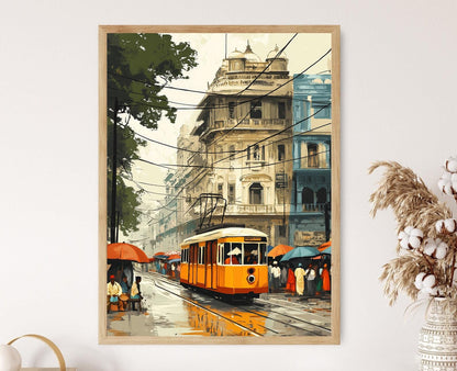 Affiche Tram de Kolkata – Poster Illustration Urbaine en Art Bengali
