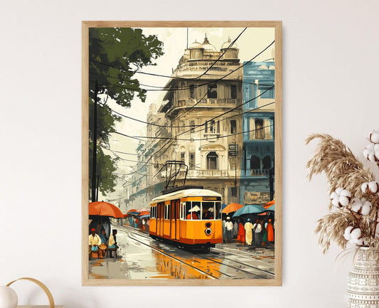 Affiche Tram de Kolkata – Poster Illustration Urbaine en Art Bengali
