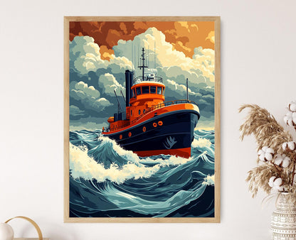Affiche Remorqueur en Mer Agitée – Poster de Peinture Marine Audacieuse