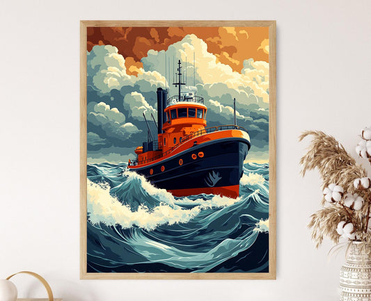 Affiche Remorqueur en Mer Agitée – Poster de Peinture Marine Audacieuse
