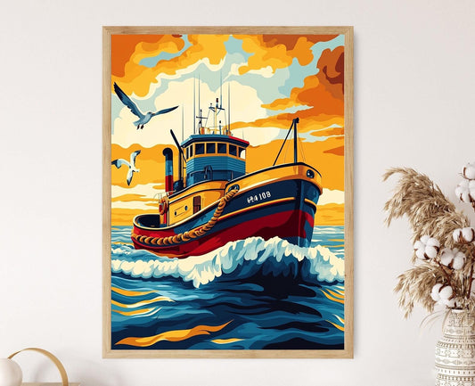 Affiche Vintage de Remorqueur au Coucher de Soleil - Art Nautique Décoratif