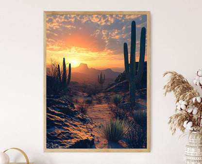 Affiche Désert du Texas – Poster Art Cactus et Coucher de Soleil Vibrant