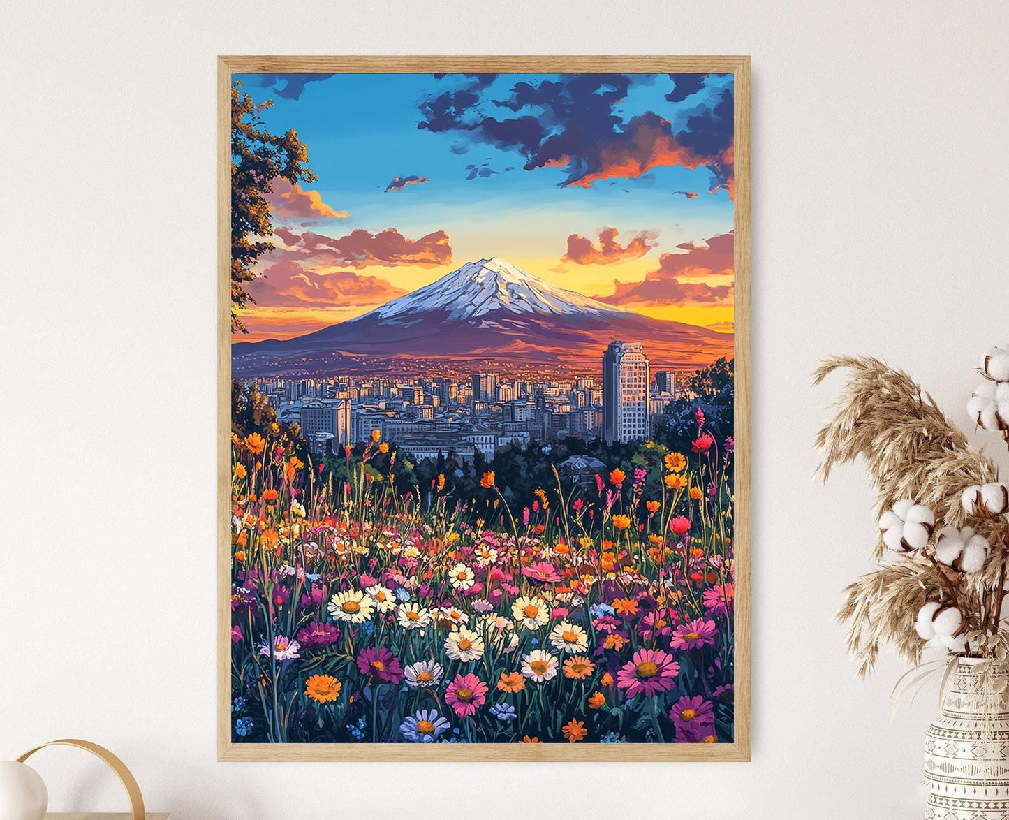 Affiche Yerevan – Poster Vue de la ville au coucher de soleil sur l'Ararat