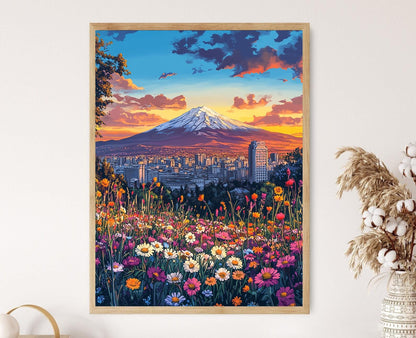 Affiche Yerevan – Poster Vue de la ville au coucher de soleil sur l'Ararat