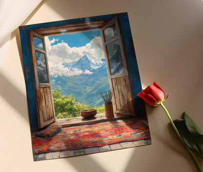Affiche Fenêtre Rustique avec Vue Himalayenne – Art Print Tapis et Encens