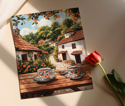 Affiche Set de Thé Roumain – Poster Décor Cour de Village