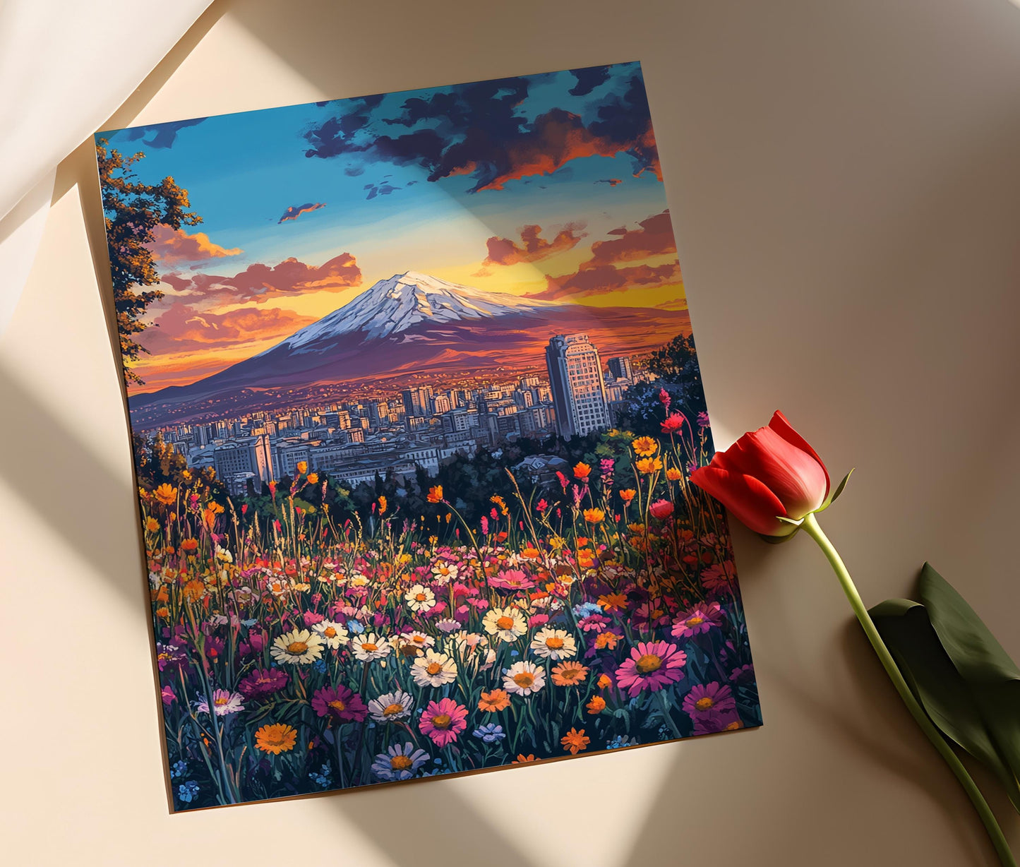 Affiche Yerevan – Poster Vue de la ville au coucher de soleil sur l'Ararat