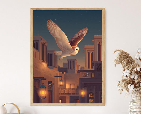 Affiche Chouette Effraie de Dubaï – Illustration Patrimoine du Moyen-Orient