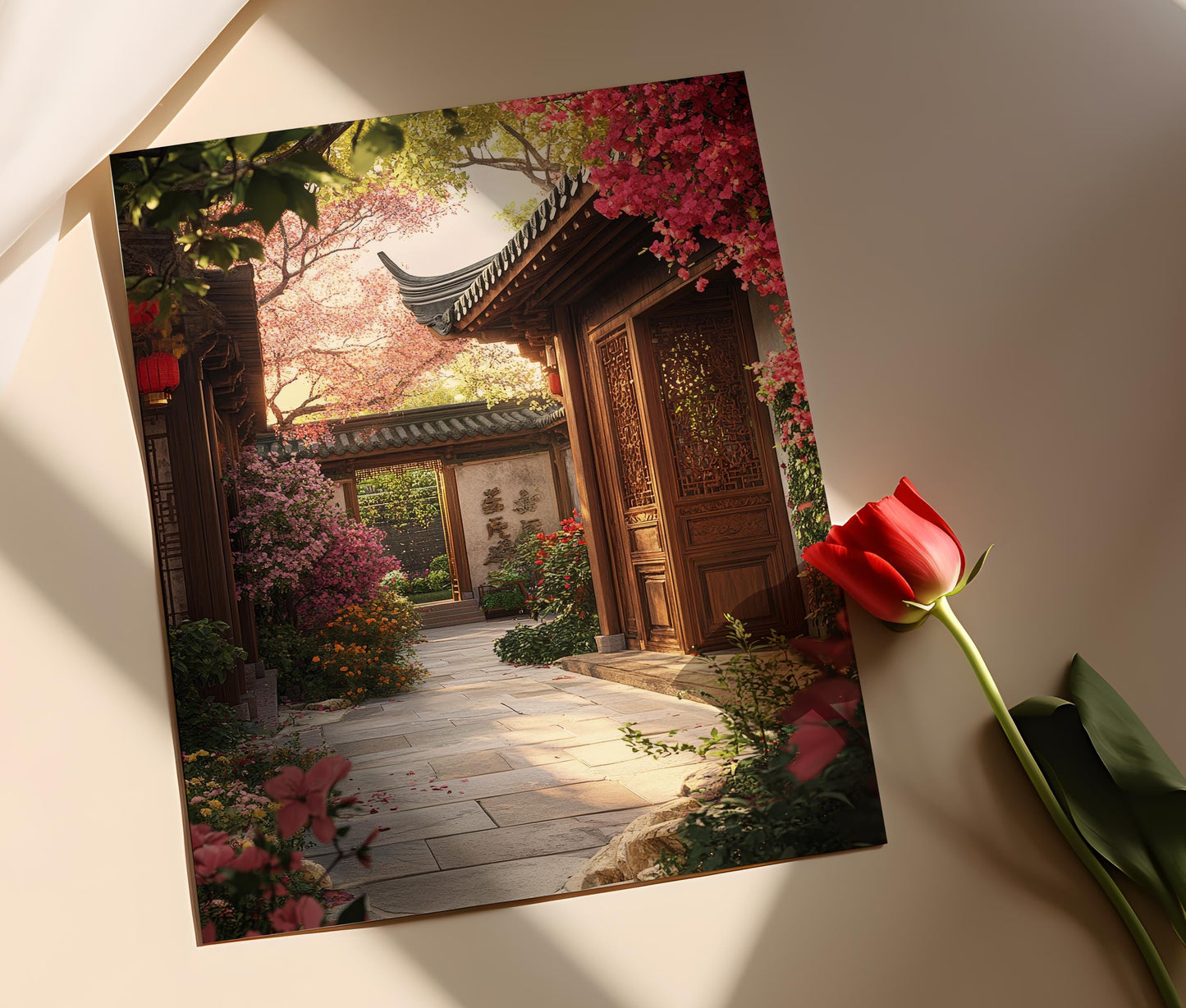 Affiche Jardin Hutong – Poster Fleurs Épanouies et Portes en Bois