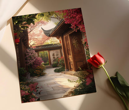 Affiche Jardin Hutong – Poster Fleurs Épanouies et Portes en Bois