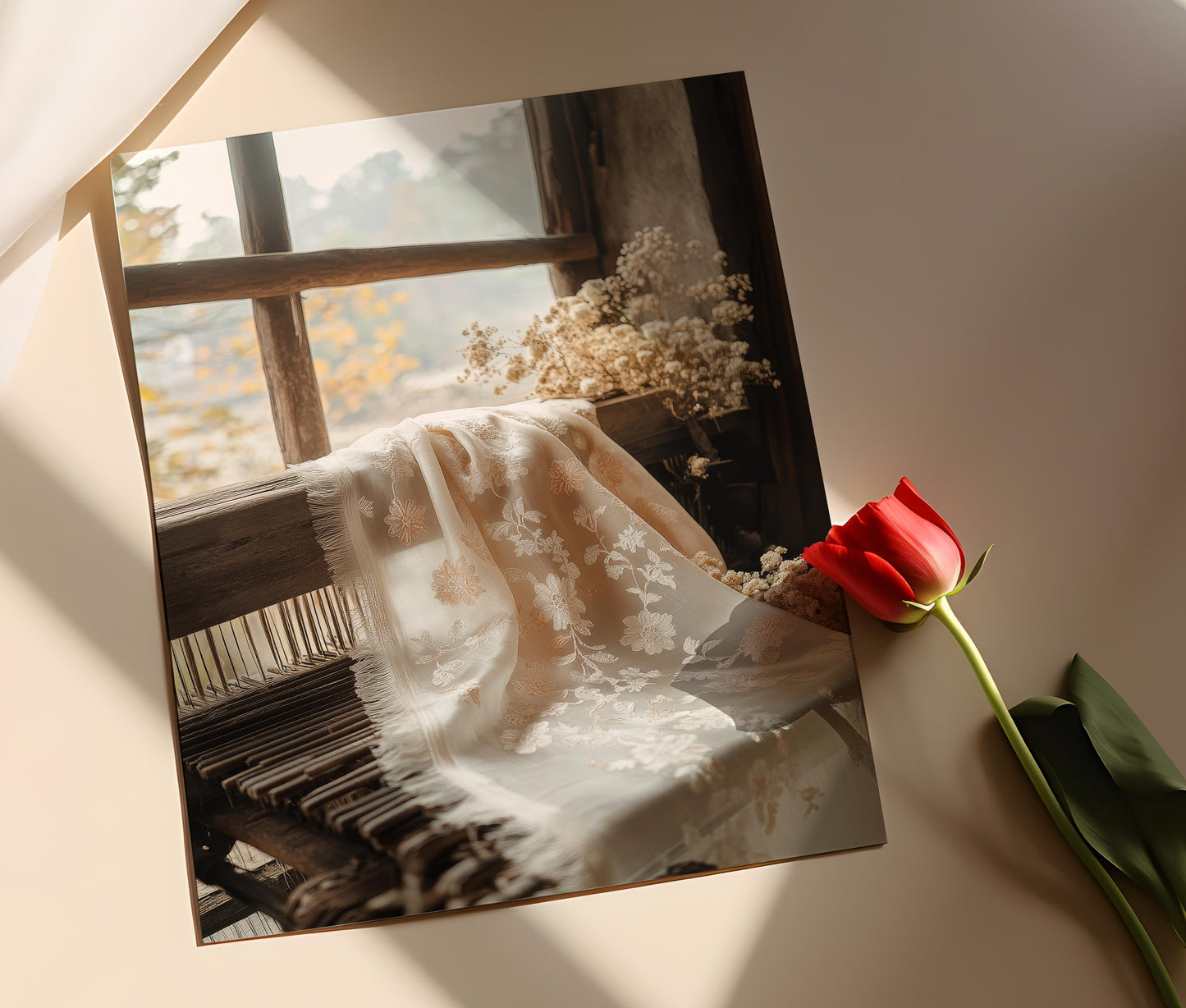 Affiche Art en Tissu Jamdani – Poster Floral Sari Traditionnel