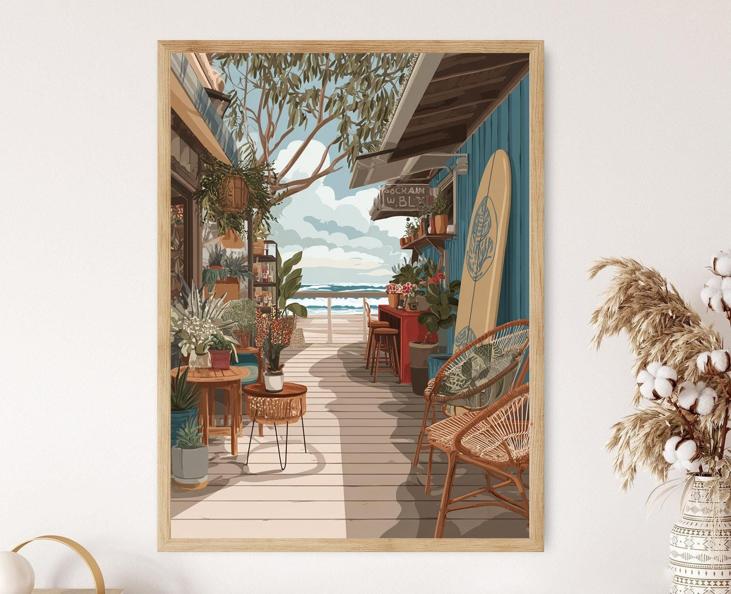 Affiche Byron Bay : Café Boho, Stand de Fleurs, Art Côtier