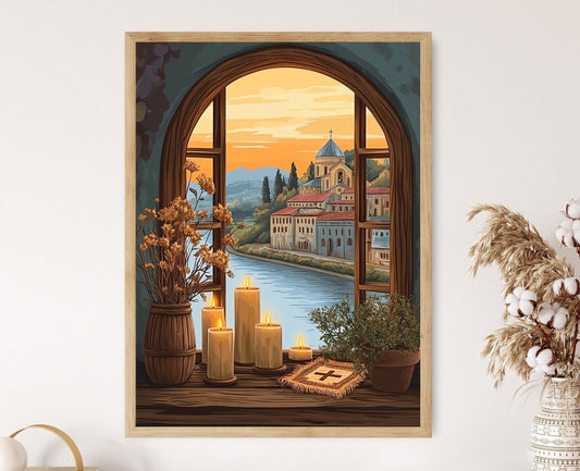 Affiche Mtskheta – Poster de la Cathédrale à Crépuscule avec Objets Folk