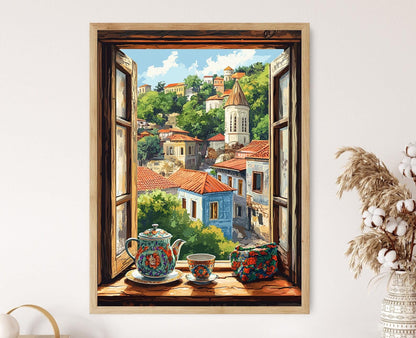 Affiche Tbilissi – Poster Art de Fenêtre avec Service à Thé et Vue
