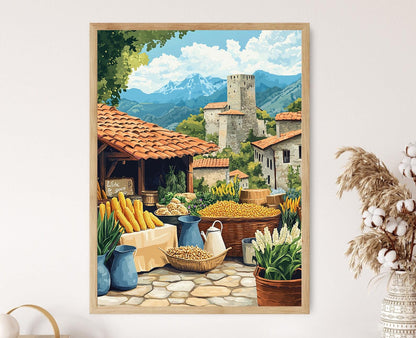 Affiche Svaneti – Poster Artisanat Georgien, Scène de Village Illustrée