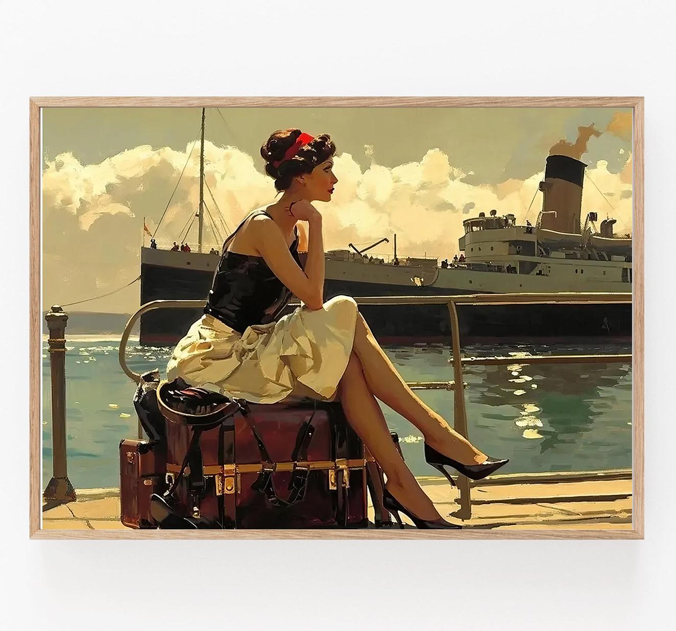 Affiche Romance Vintage – Femme contemplant l'horizon au port