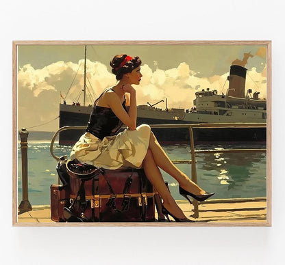Affiche Romance Vintage – Femme contemplant l'horizon au port
