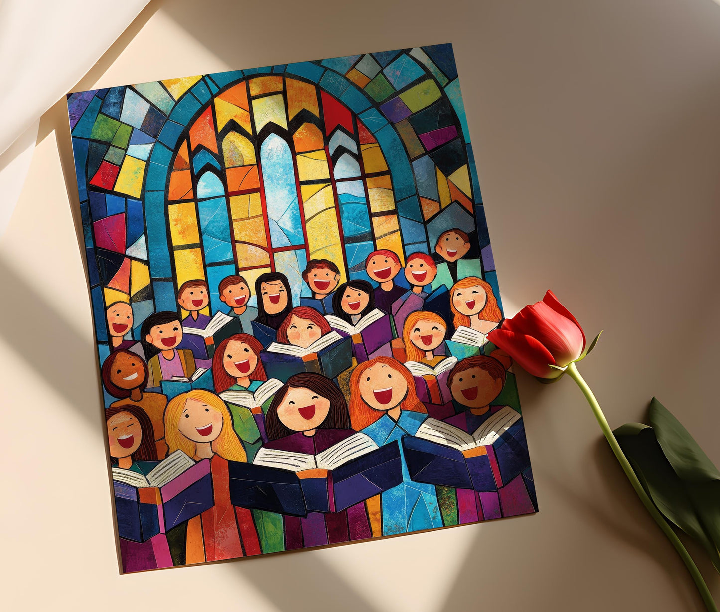 Affiche Chœur d'Église – Impression d'Art d'Enfants Chantant avec Vitraux