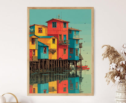 Affiche Chiloe Palafitos – Poster Art Abstrait Village Côtier du Chili