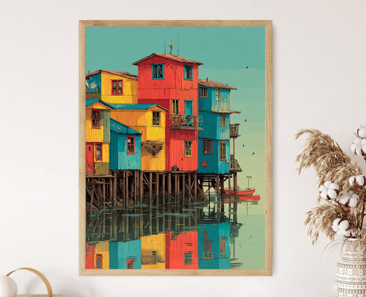 Affiche Chiloe Palafitos – Poster Art Abstrait Village Côtier du Chili