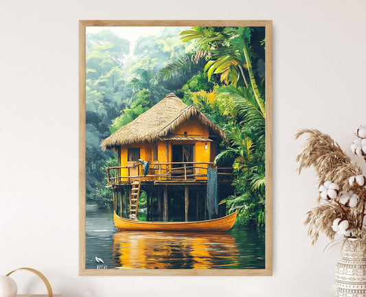 Affiche Maison sur Pilotis Amazon – Poster Vie Jungle Péruvienne