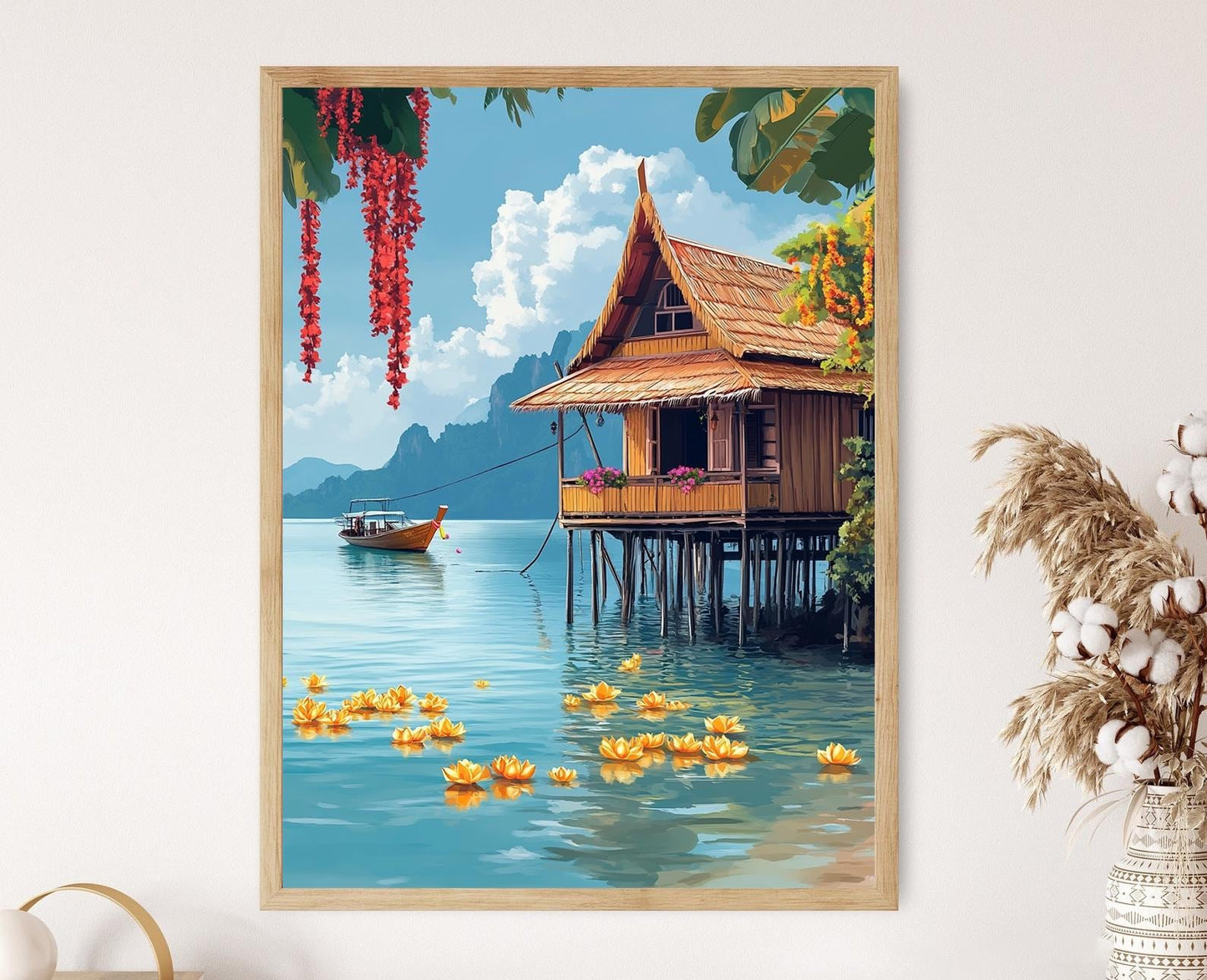 Affiche Maison Thaïlandaise – Impression Art: Habitat Flottant, Fleurs de Lotus